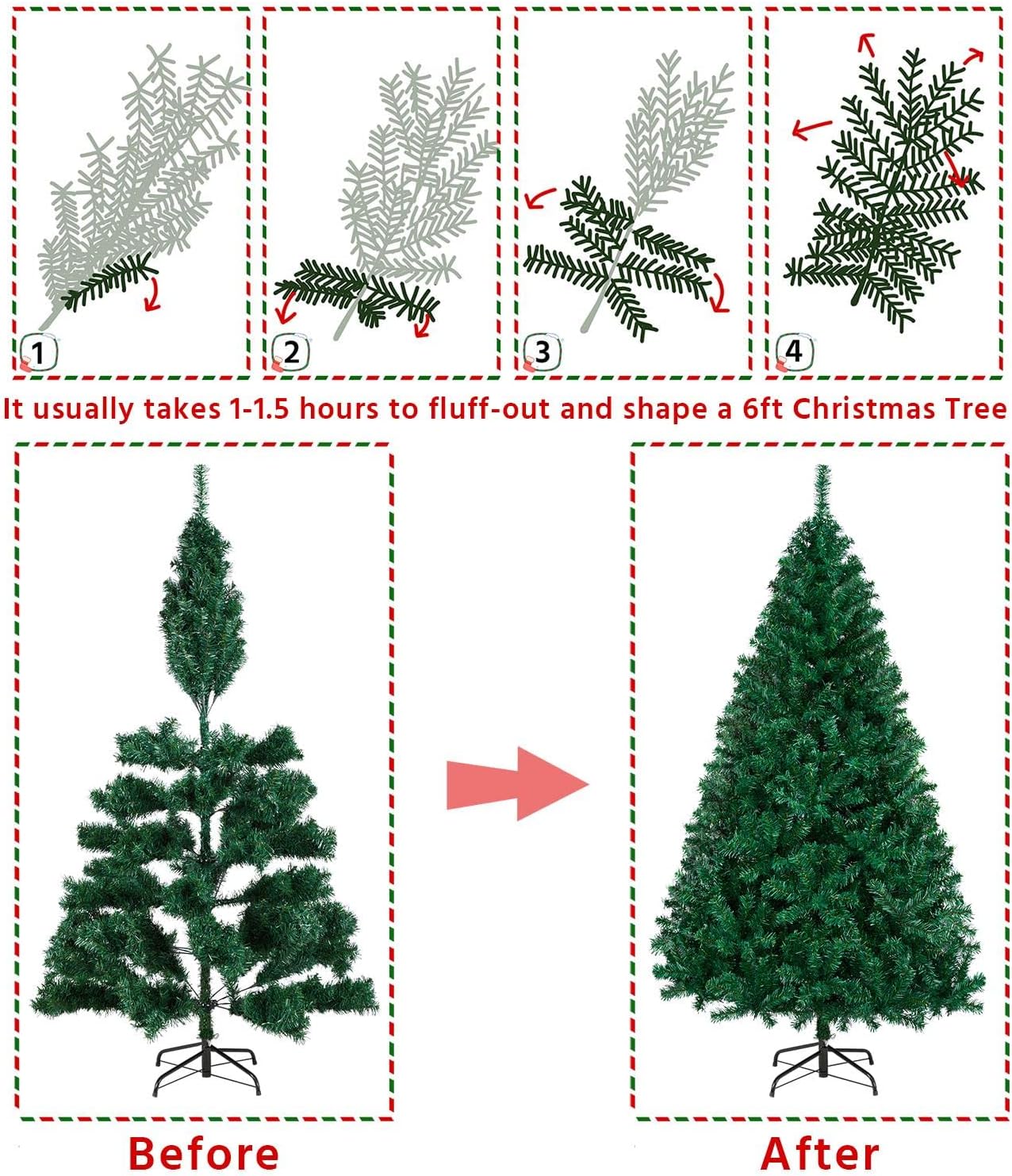 6Ft Hinged Spruce Christmas Tree Holiday Decoration Artificial Unlit Xmas Tree with 1000 PVC Flexible Tips
