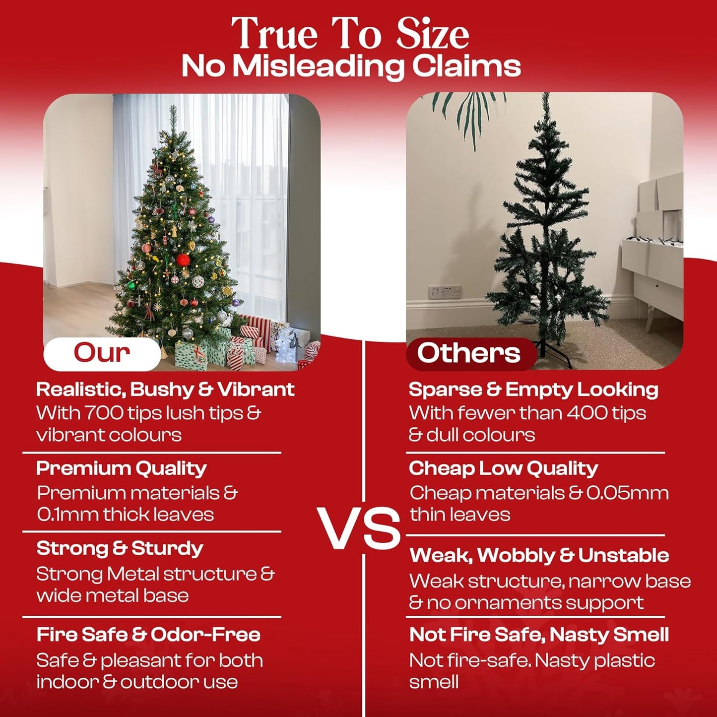 KLASS 6Ft Christmas Tree 700 Tips Lush Xmas Tree Premium PVC Realistic Artificial Christmas Tree with Metal Stand, Green Christmas Trees in 4Ft, 5Ft, 6 Ft 7Ft Sizes Perfect Christmas Decoration (6Ft)