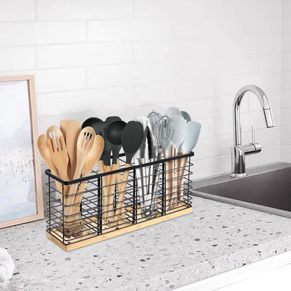 Extra Large Kitchen Utensil Holder with 4 Compartments， Matte Black Metal Holder with Wooden Base for Kitchen Countertop，Farmhouse Cooking Utensil Storage, Rustic Cooking Utensil
