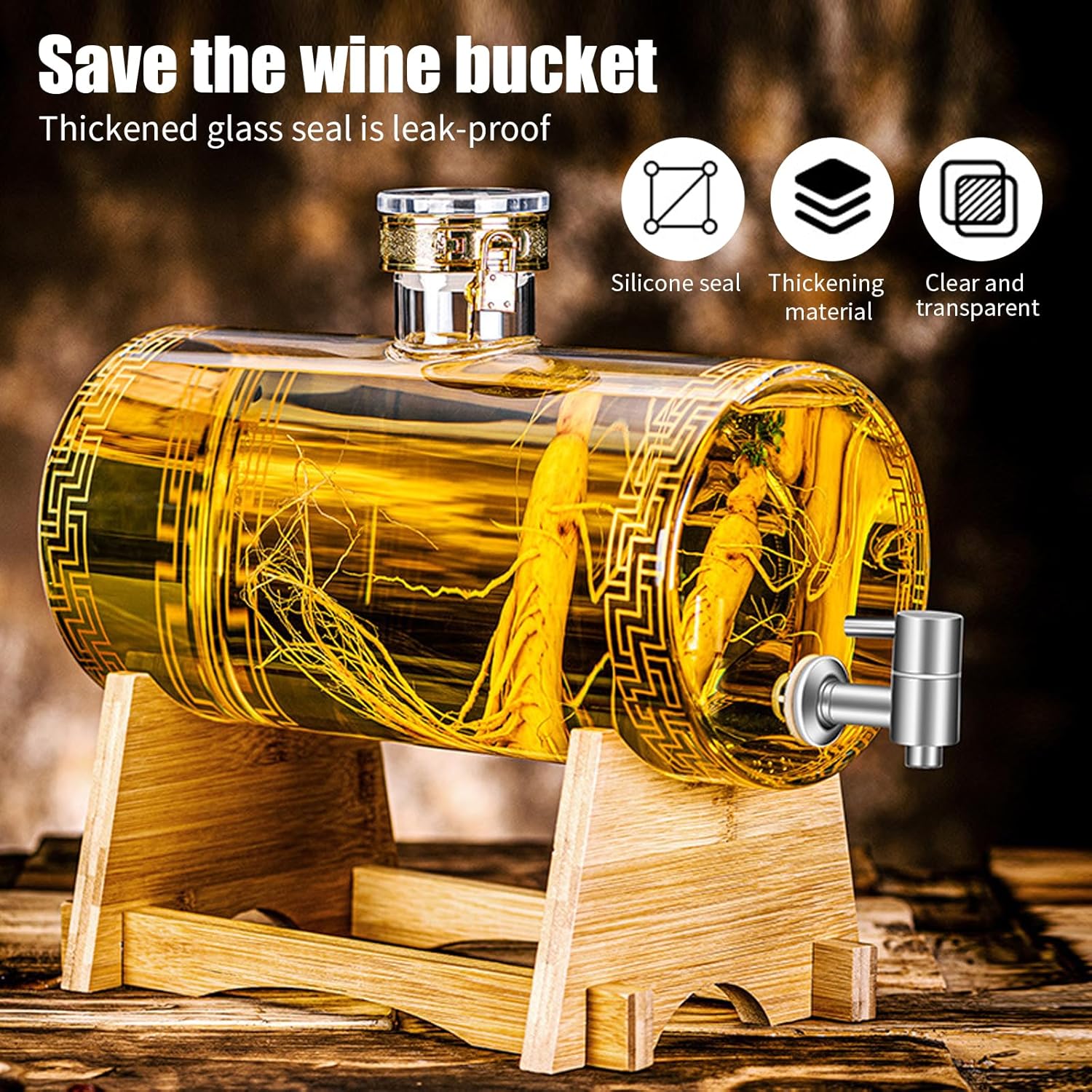 Glass Barrel Dispenser with Tap, Whiskey Decanter Set 5L Whiskey Barrel Whiskey Decanter Drink Dispenser for Wine for Scotch Bourbon Vodka Rum and Liquor Party Drink (A)
