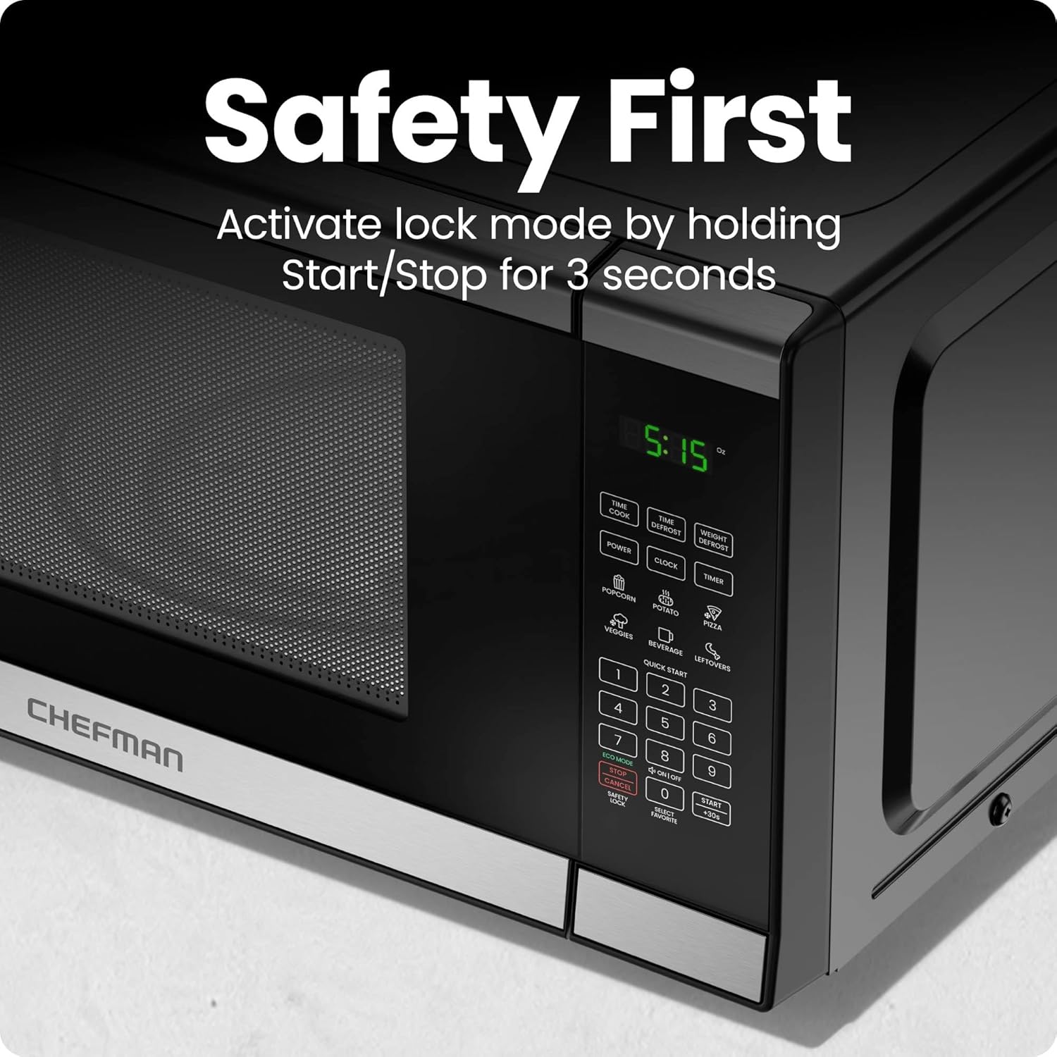 Chefman 800W Microwave Oven, 6 Presets, 10 Power Levels, Eco Mode, Memory, Mute Function, Child Safety Lock, Easy Clean, Stainless Steel