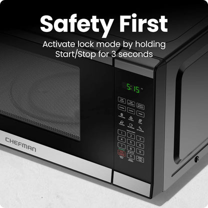 Chefman 800W Microwave Oven, 6 Presets, 10 Power Levels, Eco Mode, Memory, Mute Function, Child Safety Lock, Easy Clean, Stainless Steel