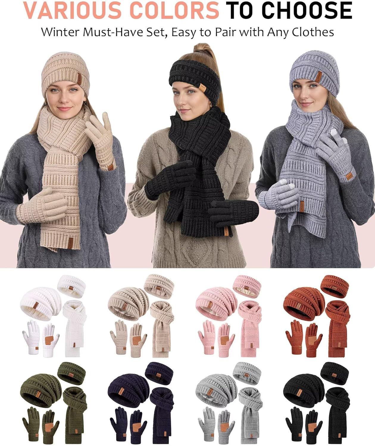 Winuesa Headbands Hat Scarf and Gloves Set Ladies, Slouchy Beanie Hat Women Touchscreen Gloves Women Knit Scarf Ear Warmers 4 in 1 Cold Weather Gift Set