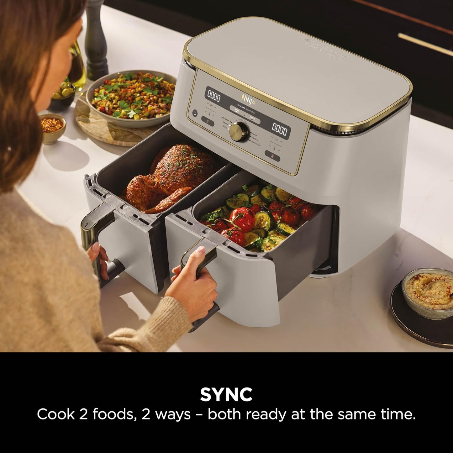 MAX Dual Zone Digital Air Fryer, 2 Drawers, 9.5L, 6-In-1, Uses No Oil, Air Fry, Max Crisp, Roast, Bake, Reheat, Dehydrate, Non-Stick, Dishwasher Safe Baskets, Stone Gold DZ400UKSTGD