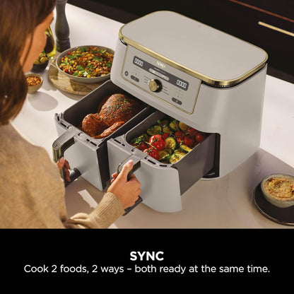 MAX Dual Zone Digital Air Fryer, 2 Drawers, 9.5L, 6-In-1, Uses No Oil, Air Fry, Max Crisp, Roast, Bake, Reheat, Dehydrate, Non-Stick, Dishwasher Safe Baskets, Stone Gold DZ400UKSTGD