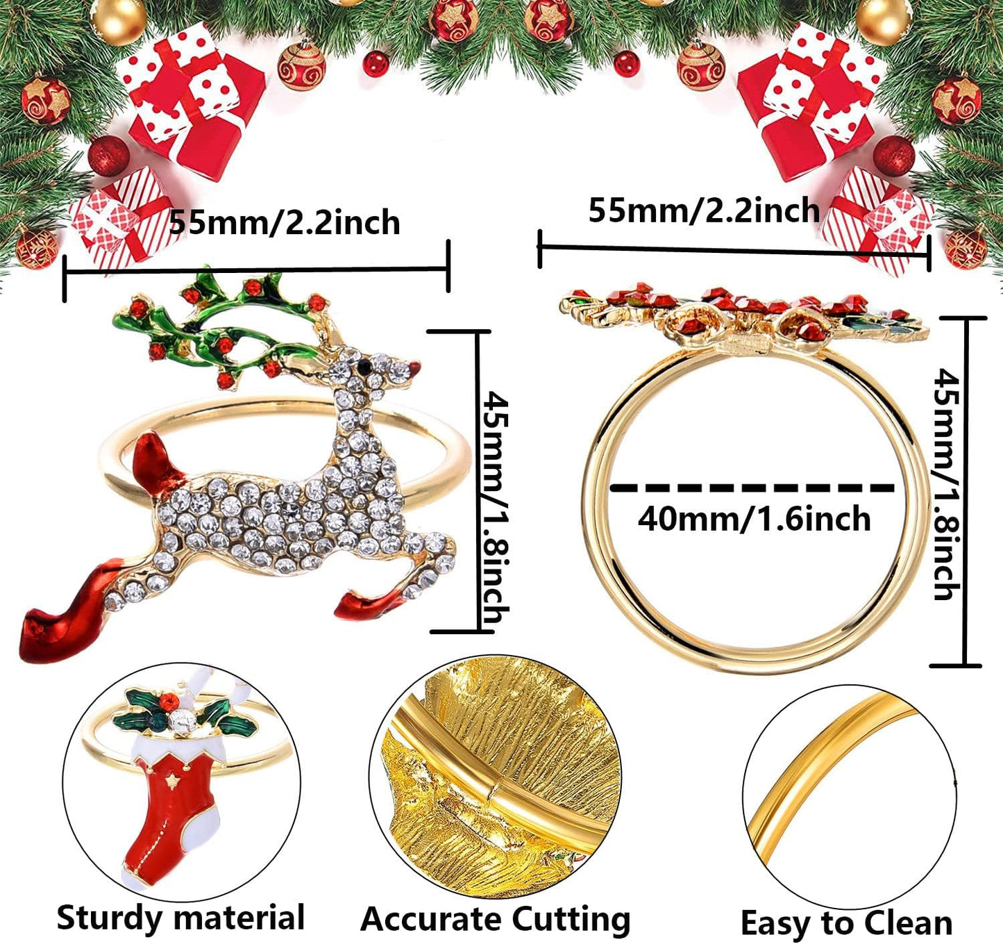 Gold Christmas Napkin Rings Set of 12,XMAS Napkin Rings Holder Christmas Napkin Buckle for Holiday Thanksgiving Party Dinner Table Decoration