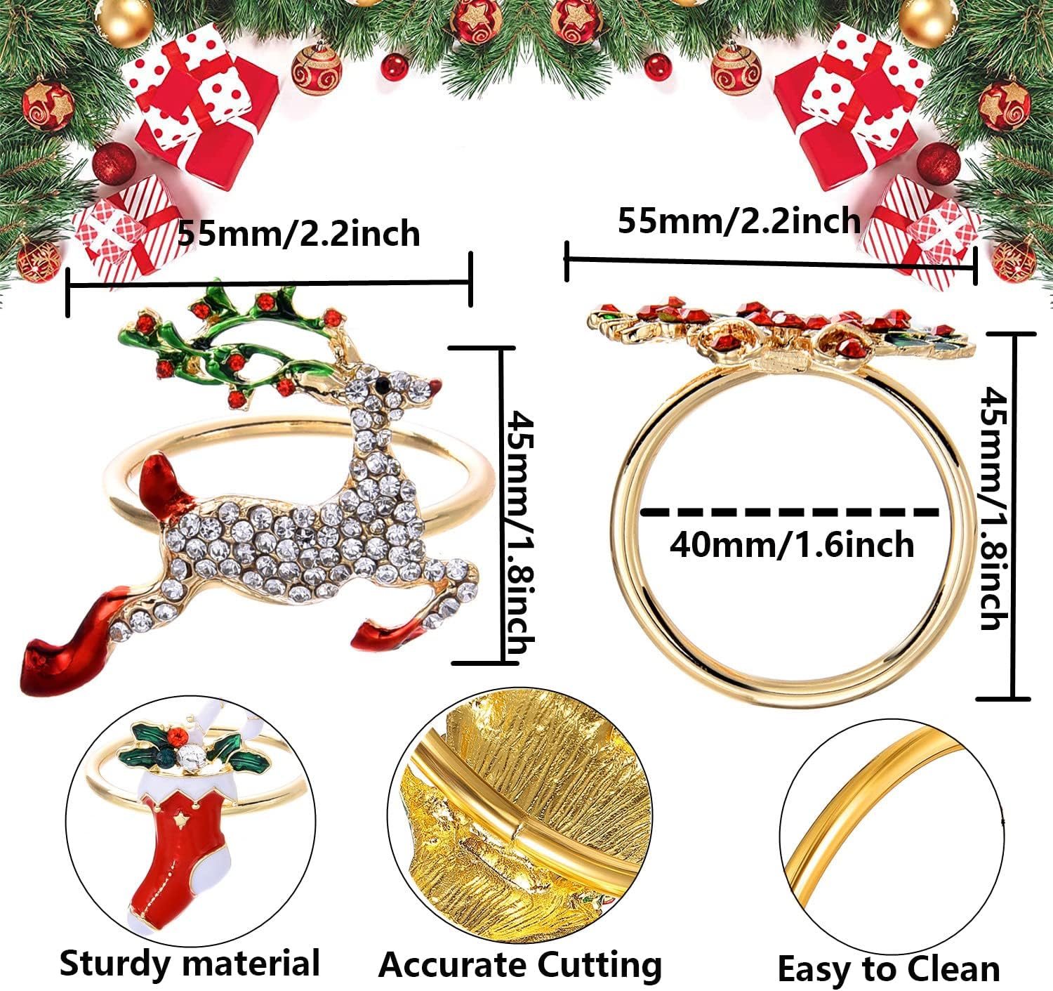 Gold Christmas Napkin Rings Set of 12,XMAS Napkin Rings Holder Christmas Napkin Buckle for Holiday Thanksgiving Party Dinner Table Decoration