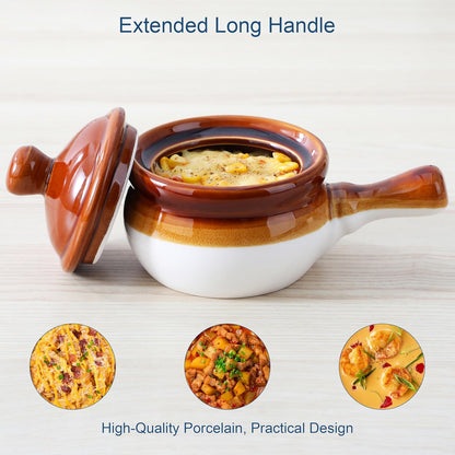16 OZ French Onion Soup Crocks with Lid,Porcelain Soup Bowls with Extended Handle,Serving Bowls for Chili, Beef Stew, Cereal, Pot Pies, Lasagna,Microwave/Oven-Safe,Set of 4