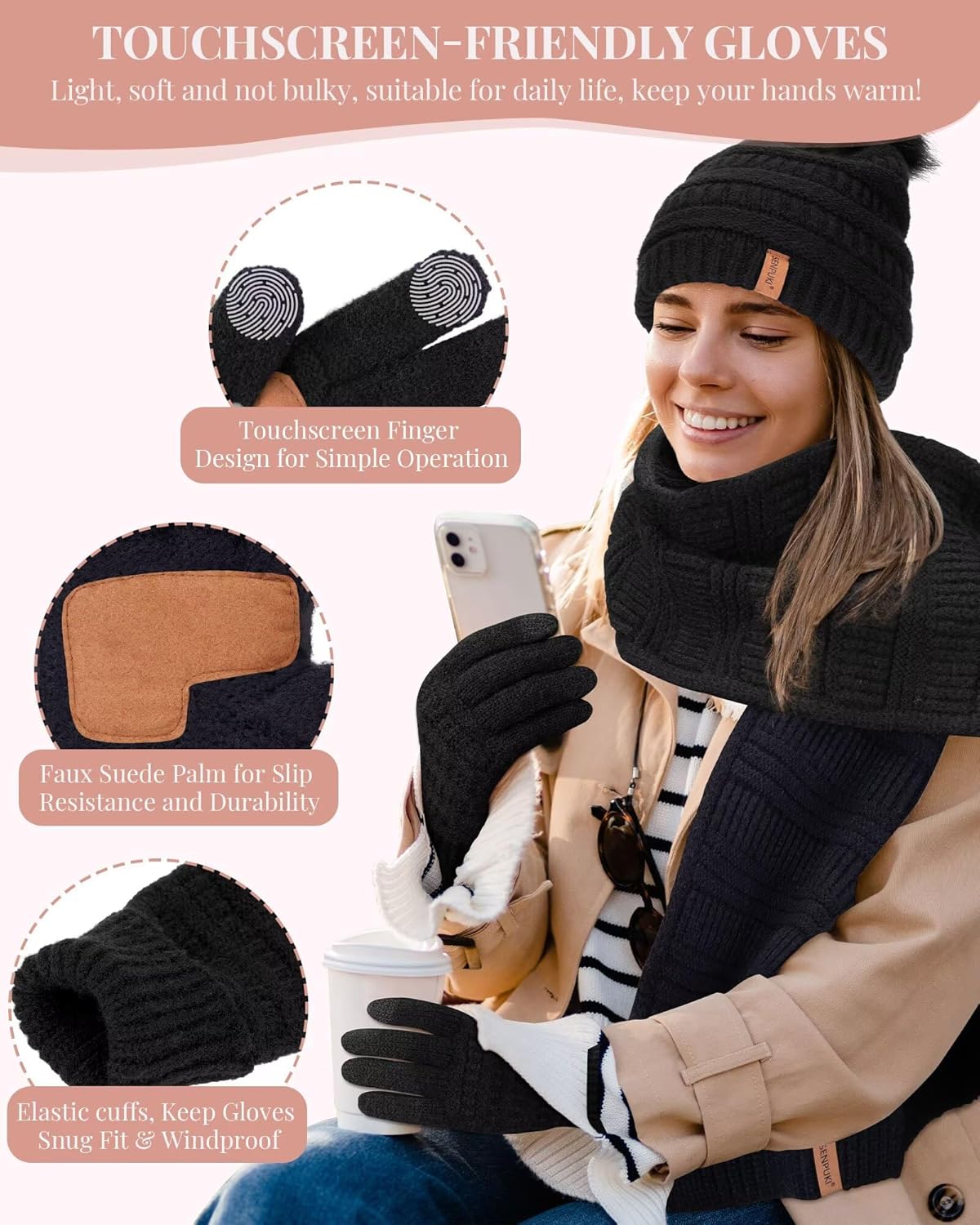Hat Scarf and Gloves Set Ladies, Cute Pom Pom Winter Beanie Hat for Women with Warm Fleece Lined, Long Knit Bobble Touchscreen Gloves Women Scarf Neck Warmer 3 in 1 Cold Weather Gift Set