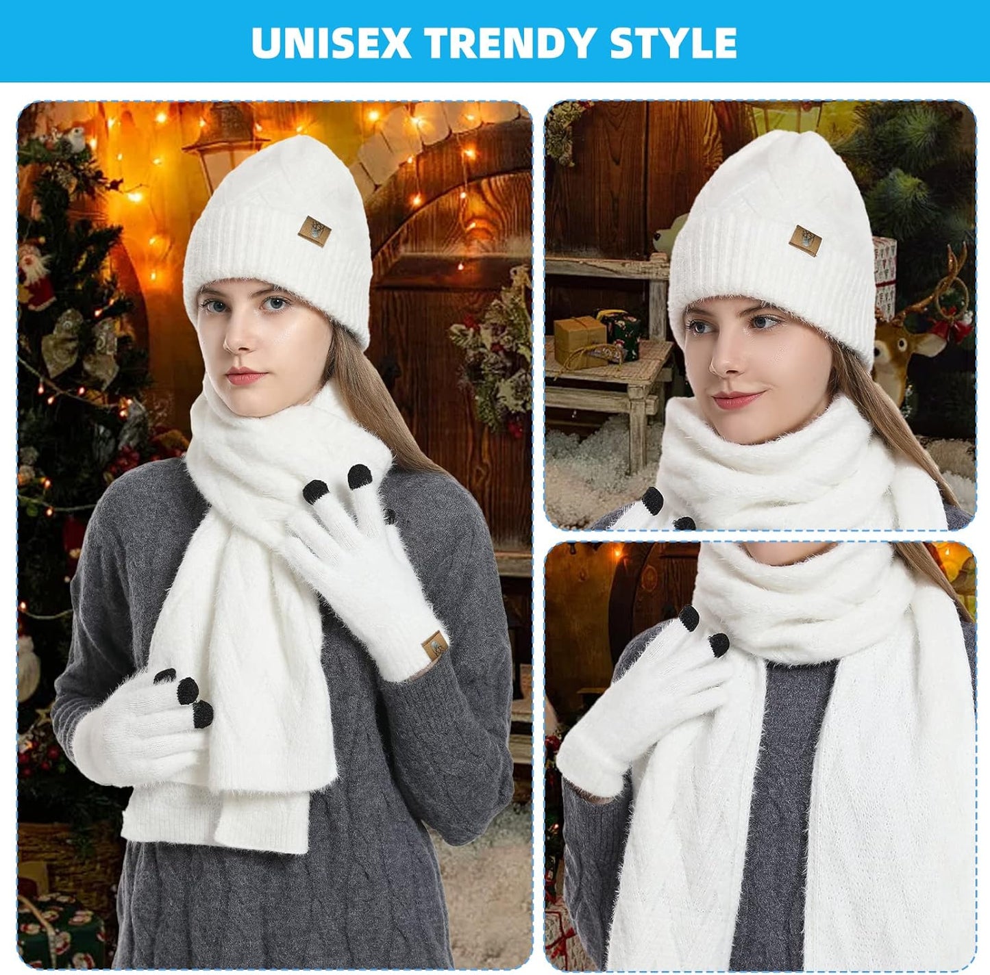 Womens Hat Scarf and Touch Screen Gloves Set Ladies Women Winter Scarf Warm Fleece Lined Beanie Skull Caps for Men Women
