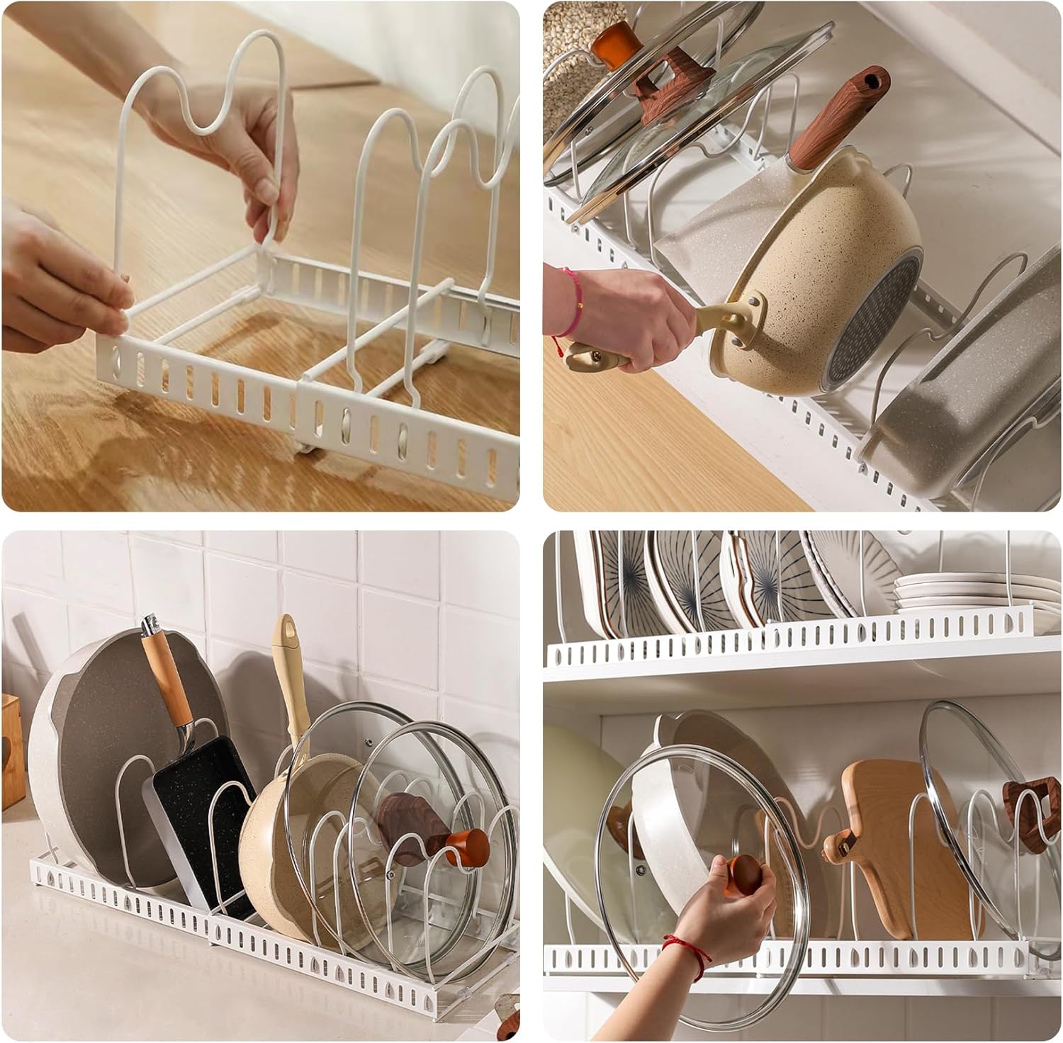 Expandable Pans Organiser Rack, Pan Lid Storage with 10 Adjustable Dividers, Pot Lid Holder, Kitchen Cupboard Organiser (White)