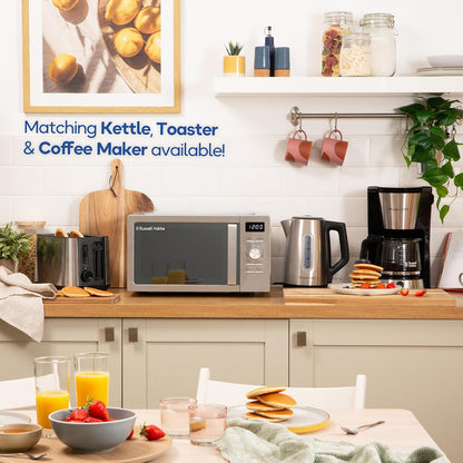 Russell Hobbs Stainless Steel Digital Microwave 20 Litre 800W Solo Digital with 5 Power Levels, Defrost Function & Easy Clean, 60 Minute Timer, 8 Auto-Cook Menus, RHMD828SS