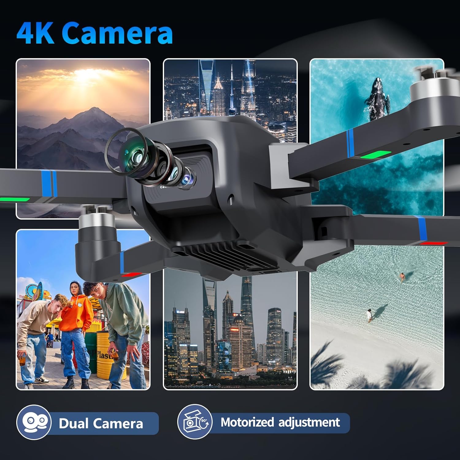 TL16 Drones with Camera 4K for Adults, Brushless Motor Drone for Beginners 90° Motorised Adjustable Lens Gesture Control Headless Mode Foldable Quadcopter, Blue