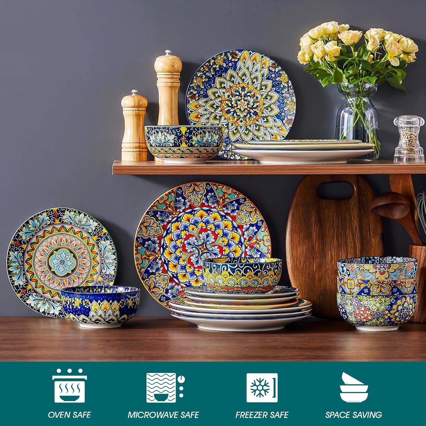 SIMI Dinner Set- 18 Pieces for 6 People, Porcelain Plates and Bowls Set, Bohemian Style Dinnerware Sets, Scratch Resistant Dinner Service Set, Dishwasher and Microwave Safe