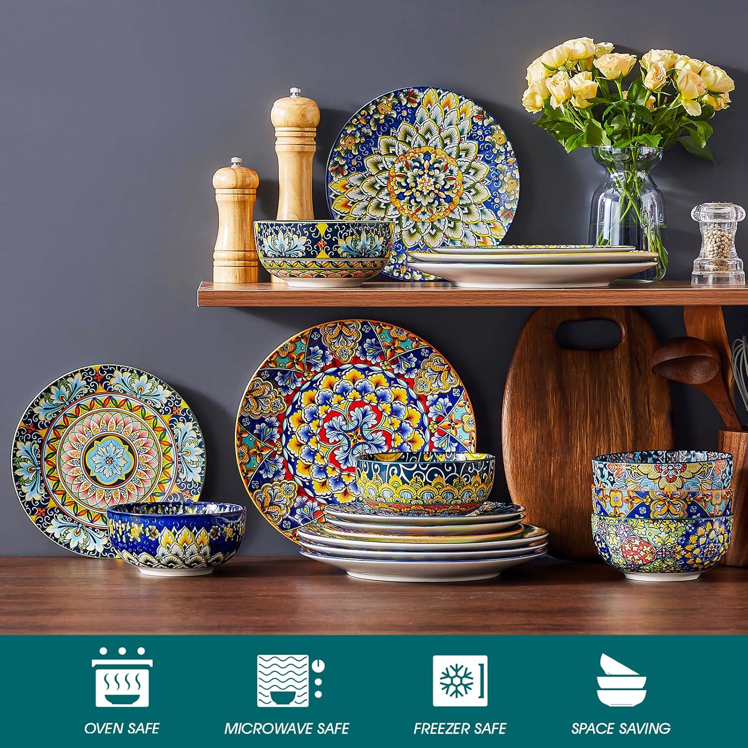 SIMI Dinner Set- 18 Pieces for 6 People, Porcelain Plates and Bowls Set, Bohemian Style Dinnerware Sets, Scratch Resistant Dinner Service Set, Dishwasher and Microwave Safe