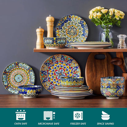 SIMI Dinner Set- 18 Pieces for 6 People, Porcelain Plates and Bowls Set, Bohemian Style Dinnerware Sets, Scratch Resistant Dinner Service Set, Dishwasher and Microwave Safe