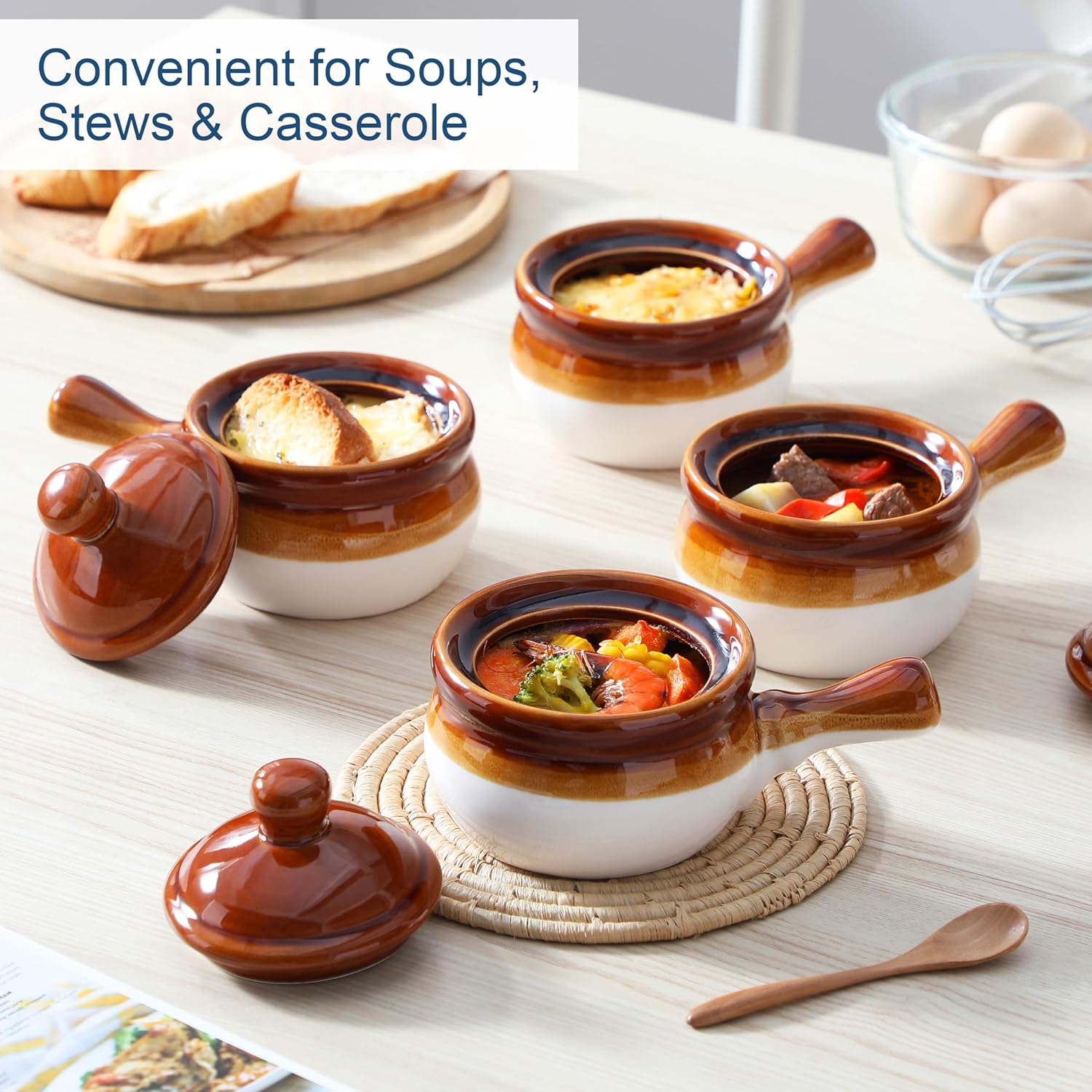 16 OZ French Onion Soup Crocks with Lid,Porcelain Soup Bowls with Extended Handle,Serving Bowls for Chili, Beef Stew, Cereal, Pot Pies, Lasagna,Microwave/Oven-Safe,Set of 4