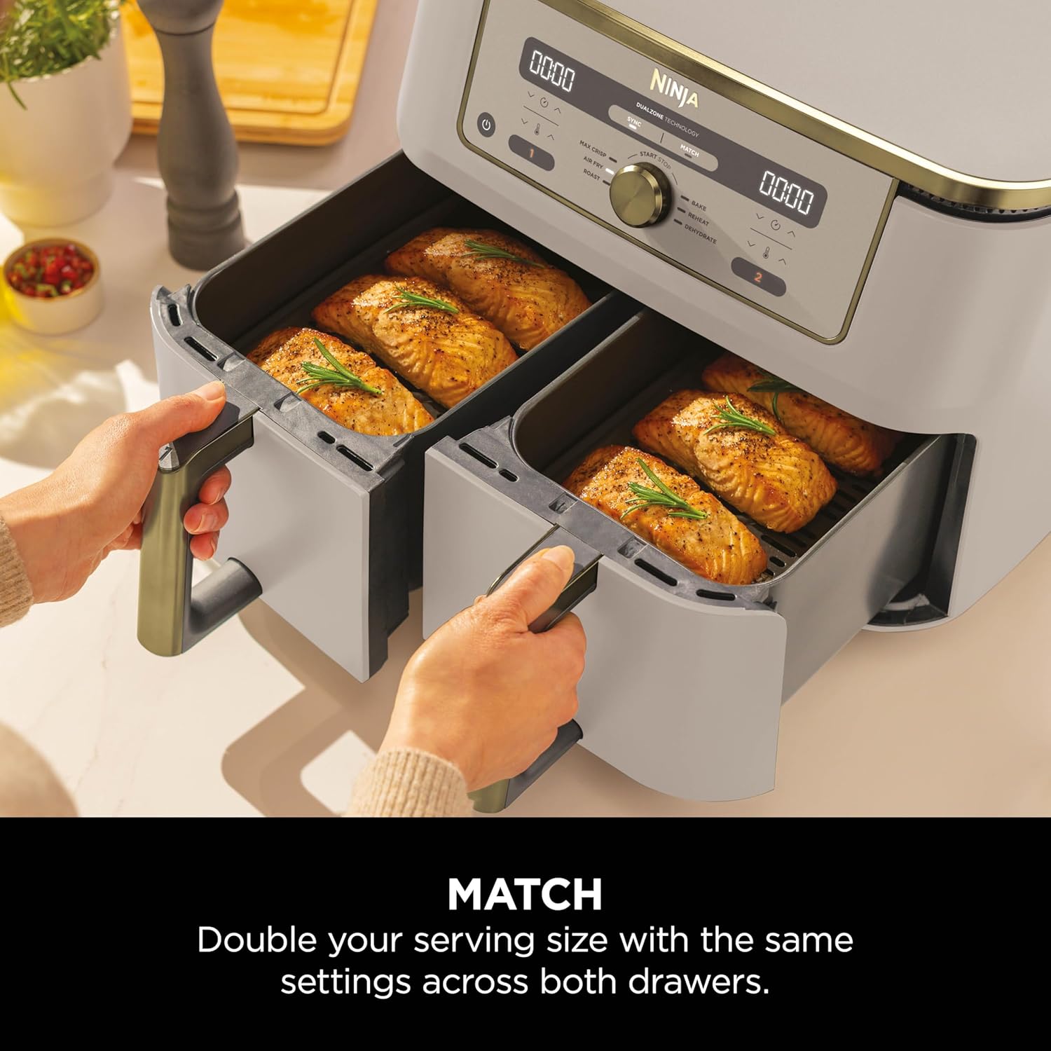 MAX Dual Zone Digital Air Fryer, 2 Drawers, 9.5L, 6-In-1, Uses No Oil, Air Fry, Max Crisp, Roast, Bake, Reheat, Dehydrate, Non-Stick, Dishwasher Safe Baskets, Stone Gold DZ400UKSTGD