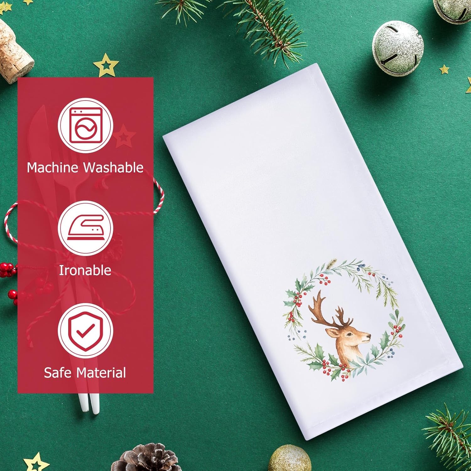 12 Pcs 43 X 43 Cm Christmas Napkins Soft Comfortable Cloth Napkin Reusable Satin Table Napkin for Home, Restaurants, Parties(Garland Deer)