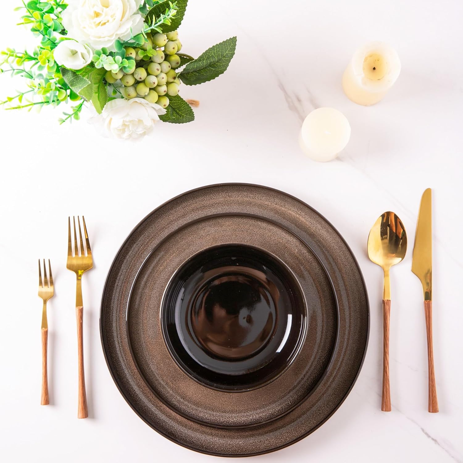Dinner Set for 6, 18 Pieces Stoneware Plates and Bowls Set, Chip & Scratch Resistant Reactive Glazed Dinnerware Set, Dishwasher & Microwave Safe Crockery Set, Chocolate Malt