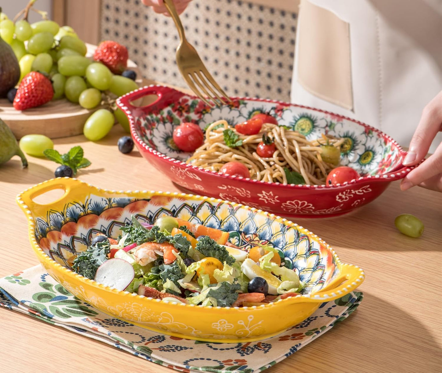 Salad Bowl Set of 4, Porcelain Large Pasta Bowl/Fruit Bowls with Handles - 32 OZ, Vibrant Colour Large Boho Bowls Serving Dishes for Entertaining/Party/Christmas