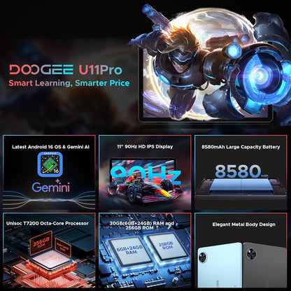 DOOGEE Pro 2025 Newest Android 16 Tablet 11 Inch, Gemini AI Android Tablets Octa-Core 32GB RAM 256GB ROM(TF 2TB), 8580Mah Battery, 3.5Mm Jack | Widevine L1 | 5G Wifi | 13MP+5MP | GPS | OTG, Black