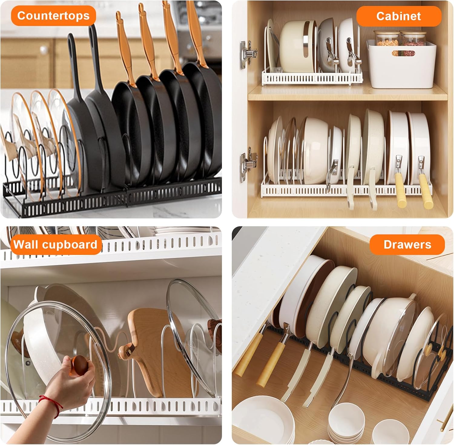 Expandable Pans Organiser Rack, Pan Lid Storage with 10 Adjustable Dividers, Pot Lid Holder, Kitchen Cupboard Organiser (White)