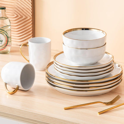 'Apollo', 16 Piece Dinner Set, Stoneware Dish Set for 4, Kitchen Plates and Bowls Sets, Handmade Dinnerware Set with Gold Trim, Dishwasher Safe, White and Gold