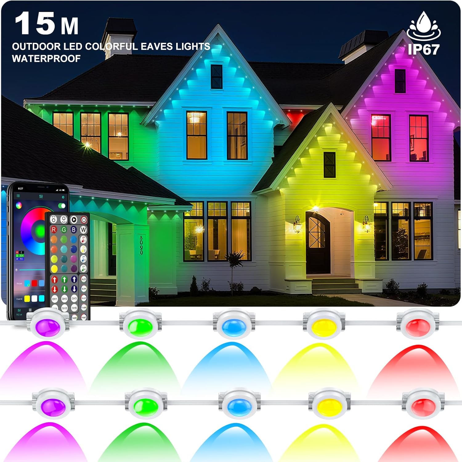 15M Permanent Outdoor Lights, RGB Waterproof Eaves Lights, Party Daily RGB Roof Edge Lighting with App Control and Remote Control IP 68 Outdoor Fairy Lights for Christmas Lighting