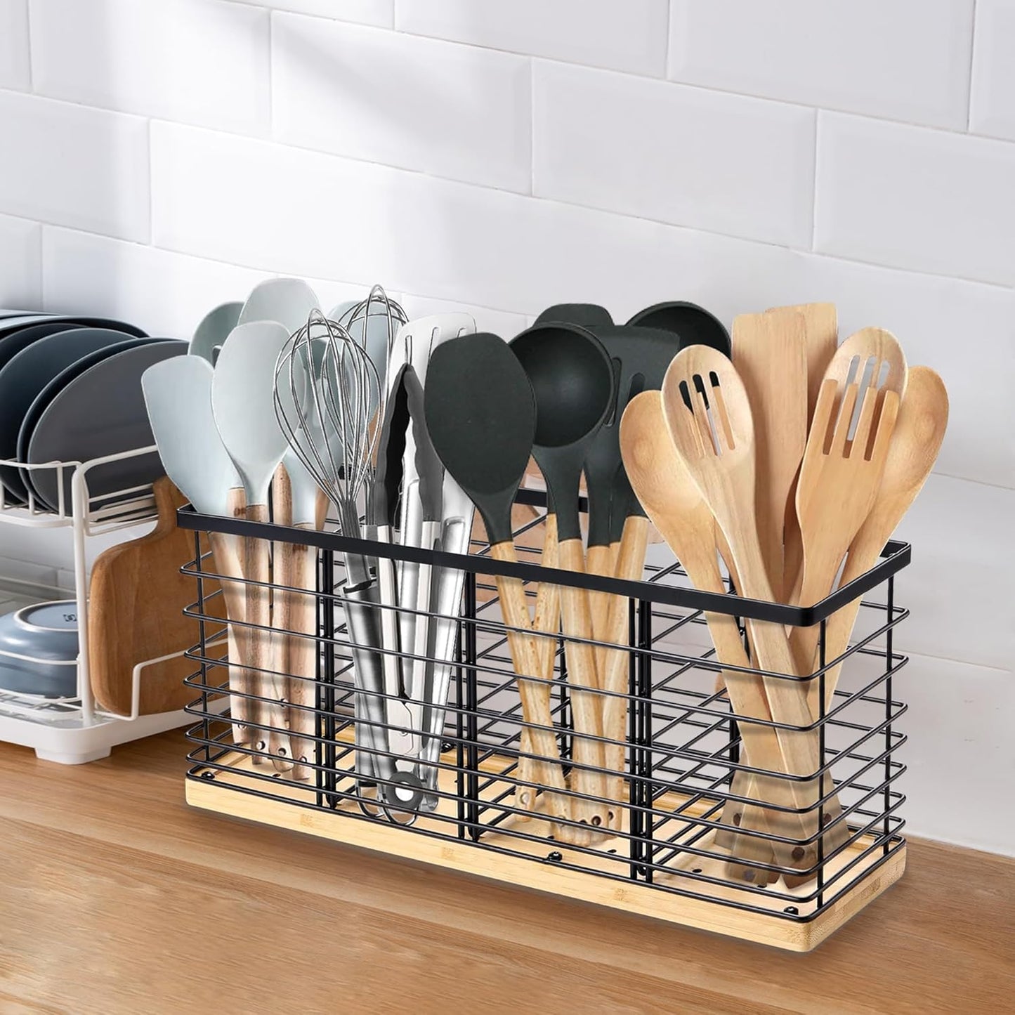 Extra Large Kitchen Utensil Holder with 4 Compartments， Matte Black Metal Holder with Wooden Base for Kitchen Countertop，Farmhouse Cooking Utensil Storage, Rustic Cooking Utensil