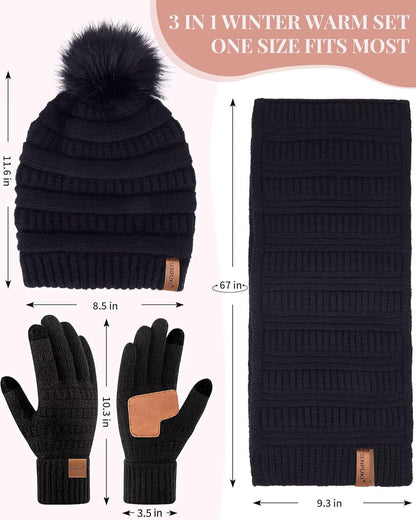 Hat Scarf and Gloves Set Ladies, Cute Pom Pom Winter Beanie Hat for Women with Warm Fleece Lined, Long Knit Bobble Touchscreen Gloves Women Scarf Neck Warmer 3 in 1 Cold Weather Gift Set