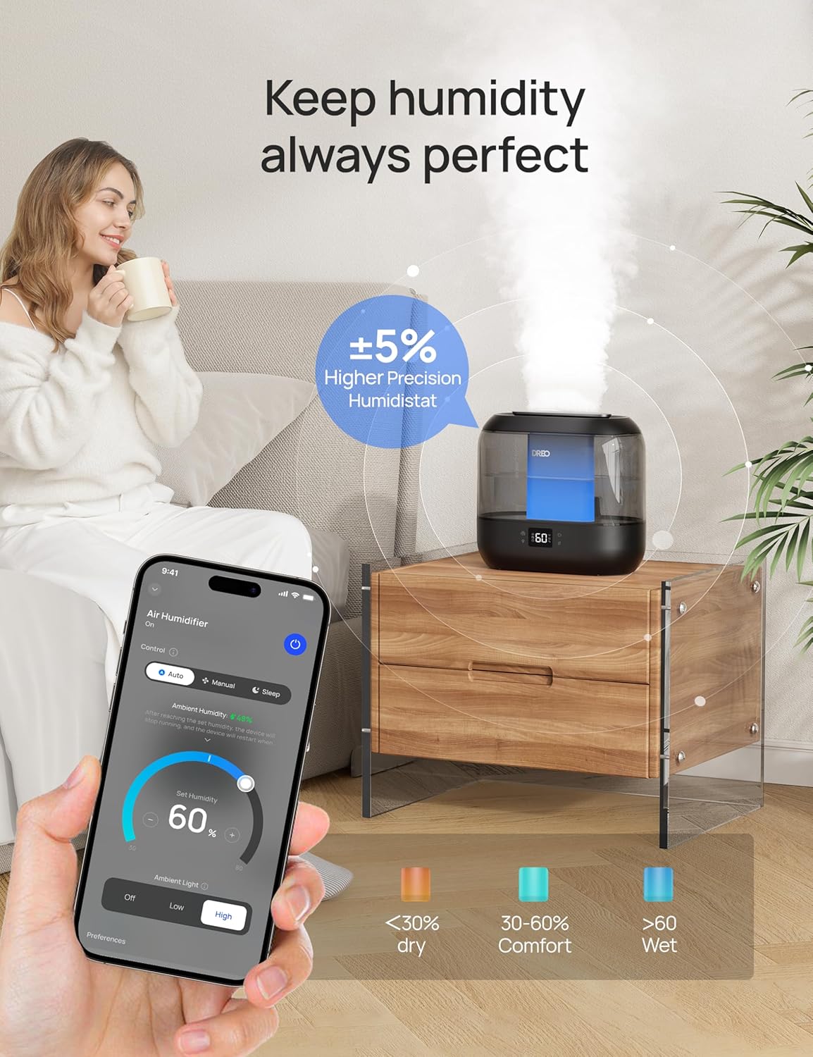 Smart Humidifier for Bedroom, 4L Cool Mist Humidifier for Home Baby, Humidity Sensor, Auto Mode, 32H Last, Oil Diffuser, 28Db Quiet Ultrasonic Humidifiers for Large Room Indoor, Works with Alexa