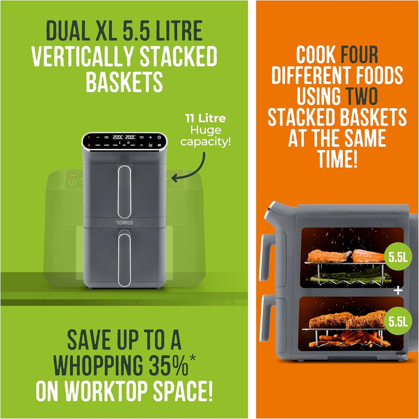 T17190GRP Vortx XL Dual Stack Air Fryer with Digital Control Panel, Space Saving Design, 6 Preset Cooking Modes, Match Cook & Smart Finish Functions, 2460W, 11L, Graphite with Chrome Trim