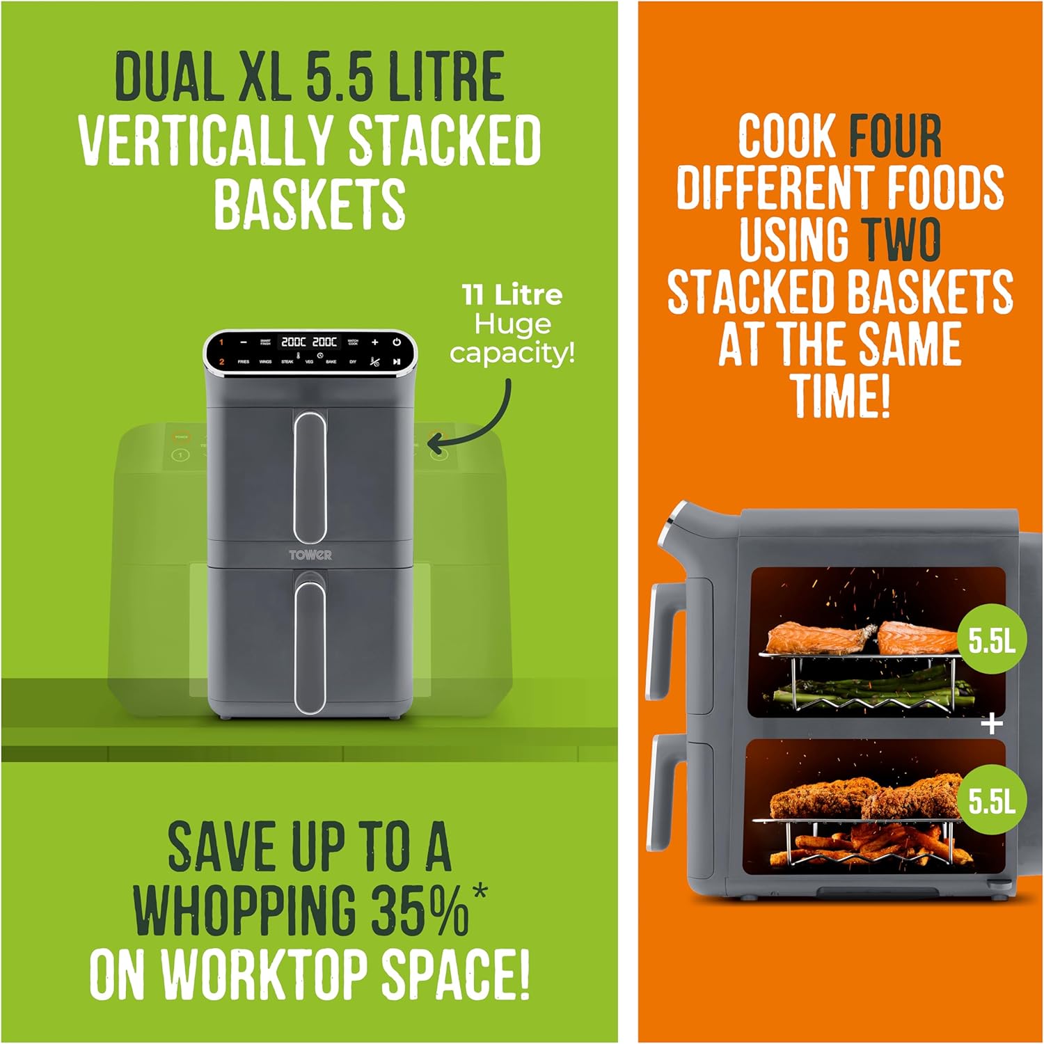 T17190GRP Vortx XL Dual Stack Air Fryer with Digital Control Panel, Space Saving Design, 6 Preset Cooking Modes, Match Cook & Smart Finish Functions, 2460W, 11L, Graphite with Chrome Trim