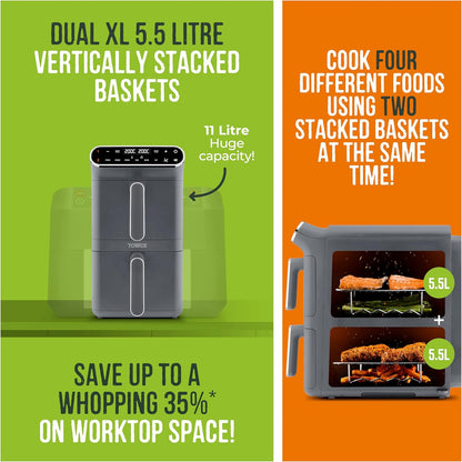 T17190GRP Vortx XL Dual Stack Air Fryer with Digital Control Panel, Space Saving Design, 6 Preset Cooking Modes, Match Cook & Smart Finish Functions, 2460W, 11L, Graphite with Chrome Trim