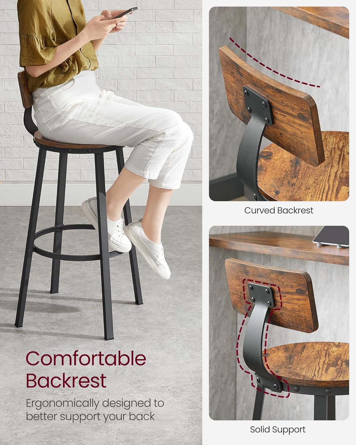 Bar Stools Set of 2, Kitchen Breakfast Bar Chairs, with Backrest, Steel Frame, 73 Cm Tall Seat, Easy Assembly, Industrial Style, Rustic Brown and Black LBC026B01V1