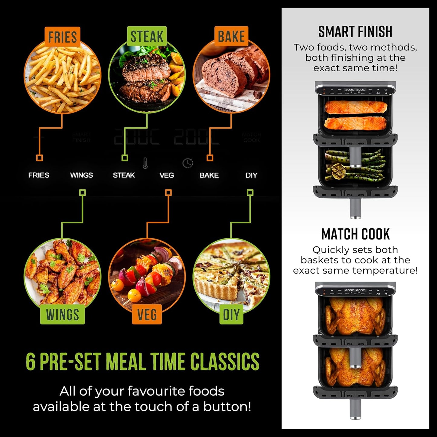 T17190GRP Vortx XL Dual Stack Air Fryer with Digital Control Panel, Space Saving Design, 6 Preset Cooking Modes, Match Cook & Smart Finish Functions, 2460W, 11L, Graphite with Chrome Trim