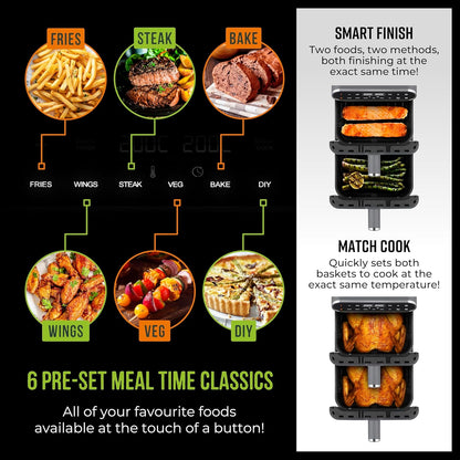 T17190GRP Vortx XL Dual Stack Air Fryer with Digital Control Panel, Space Saving Design, 6 Preset Cooking Modes, Match Cook & Smart Finish Functions, 2460W, 11L, Graphite with Chrome Trim