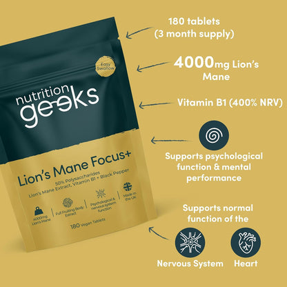 Lions Mane Mushroom Supplement 4000mg with Vitamin B1 and Black Pepper - 180 Vegan Tablets, 15:1 Extract for Improved Cognitive Function and Nervous System Support, Manufactured in the UK