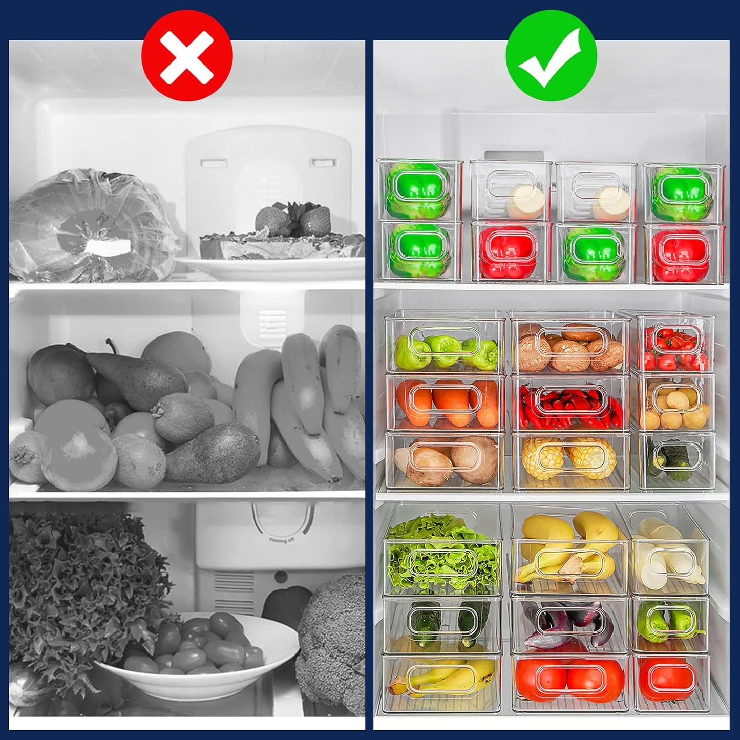 Fridge Organiser, Stackable, Storage Box, Kitchen Organiser, Pantry Storage Container, Transparent Container for Fridge, Kitchens, Cabinets (Pack of 6)
