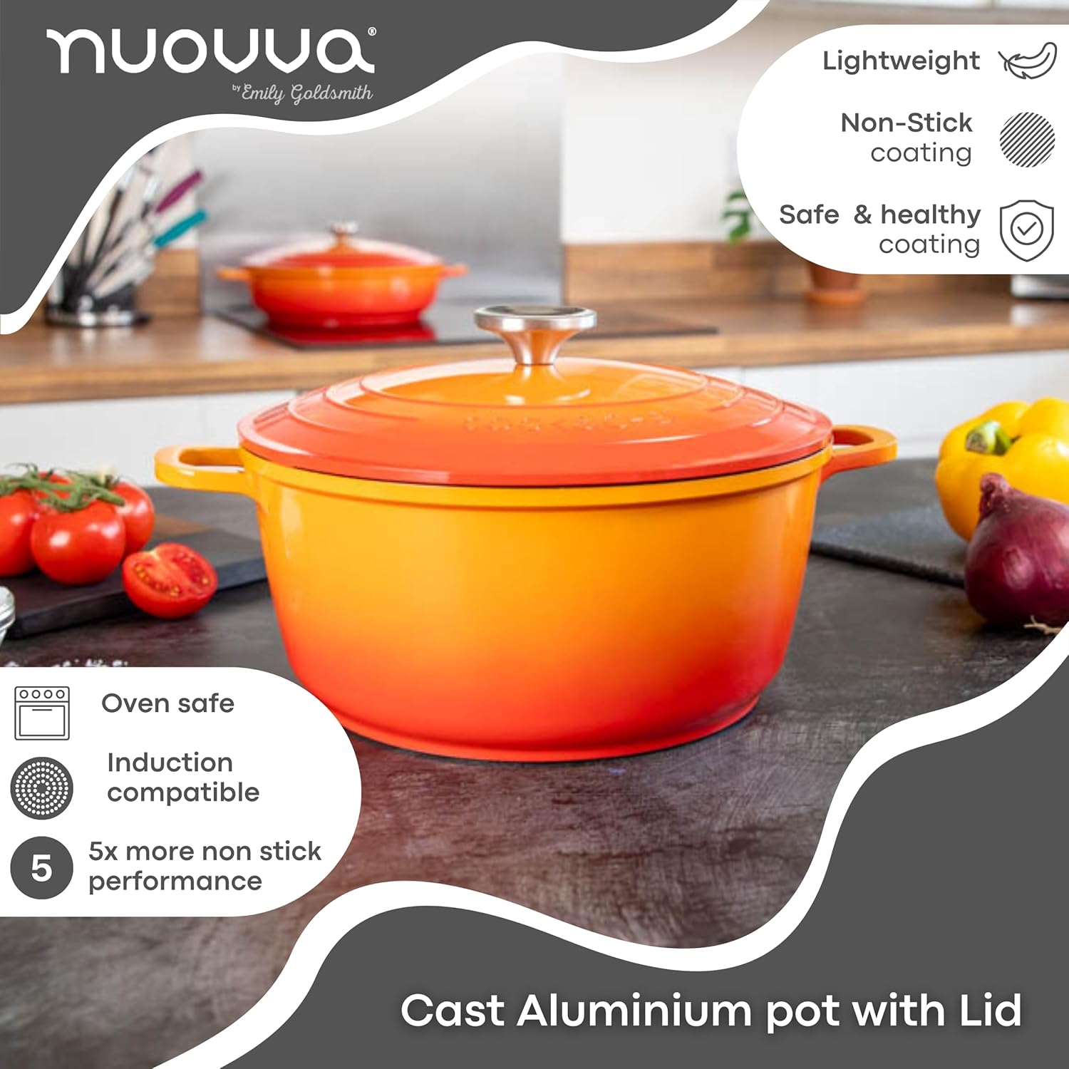 Casserole Dishes with Lid Oven Proof – Non Stick Deep Dutch Oven – Induction Cooking Pot – Oven Safe Aluminium Stockpot – 4L, 24Cm, Orange – by