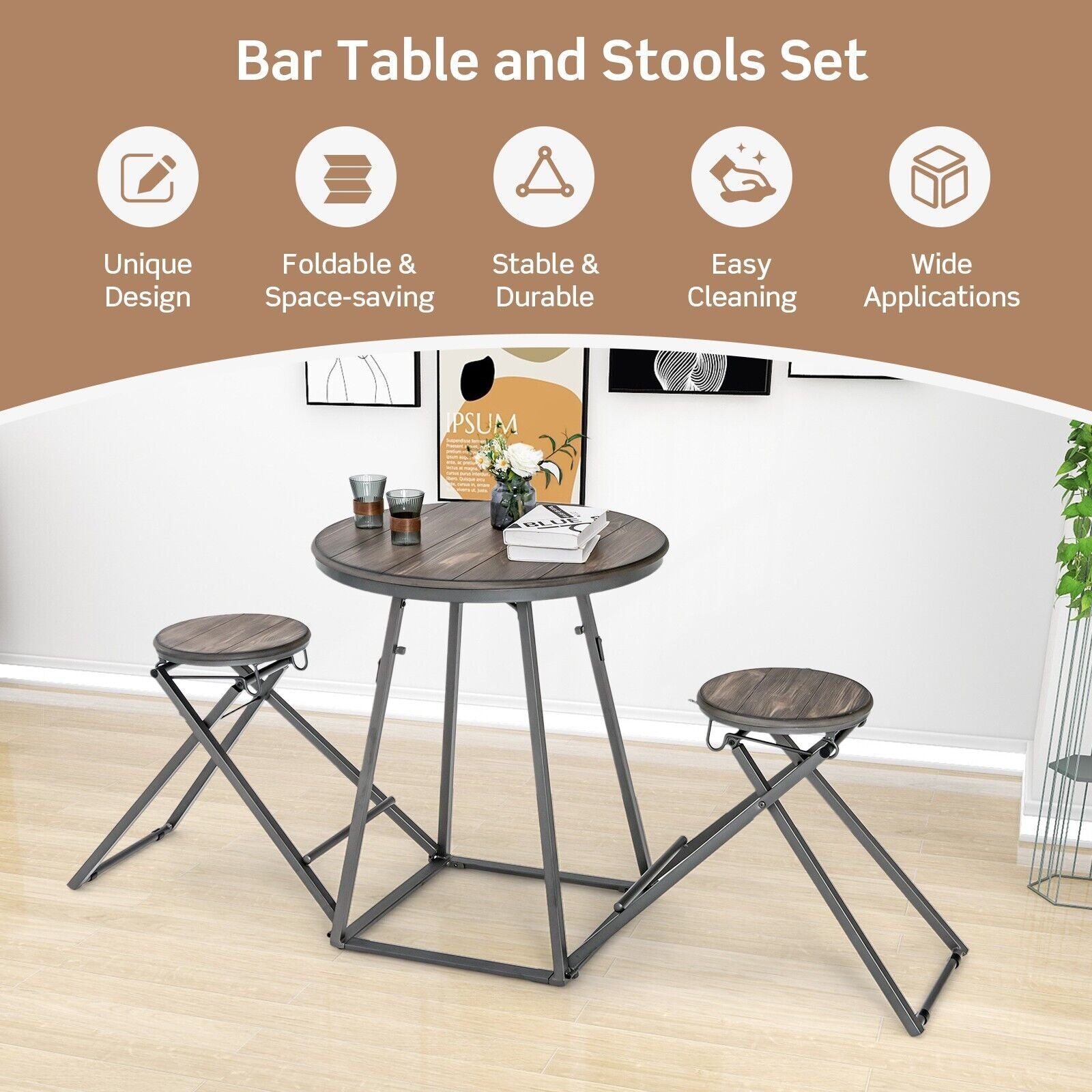 3-Piece Round Table Set with Two Foldable Stools