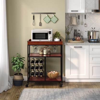 3-Tier Kitchen Island Storage Cart with Wine Rack and Glass Holder