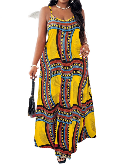 Plus Size Spaghetti Strap Beach Gown – Plaid & African-Inspired Vacation Dress