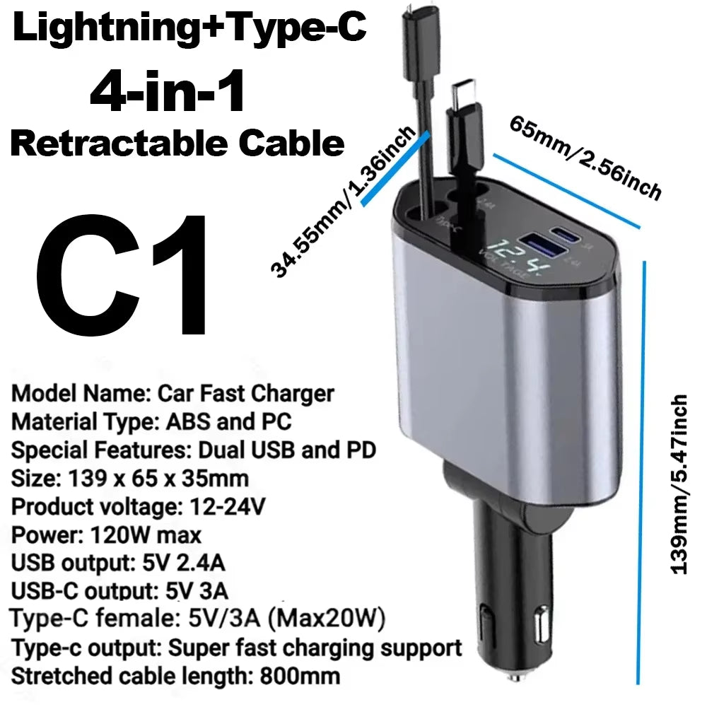 120W Retractable Fast Charger for Apple Devices - Type C USB Socket with Digital Display and PD QC3.0 Cigarette Lighter Adapter