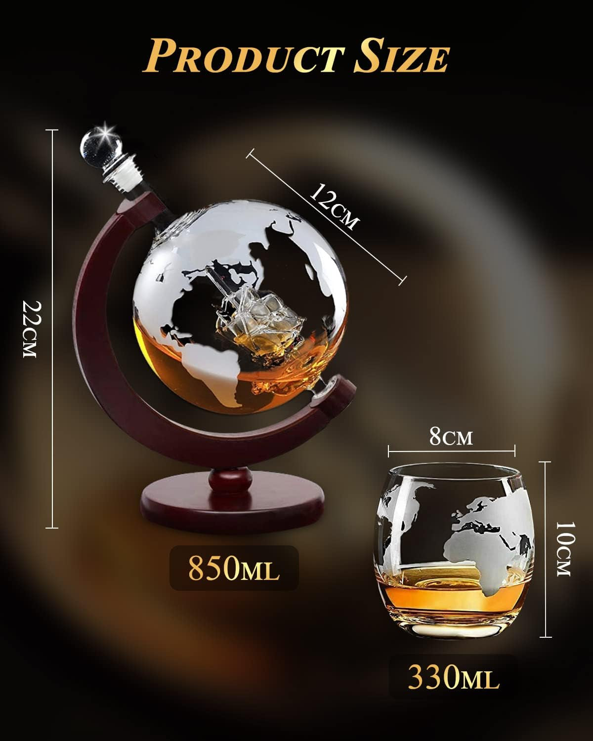 Whiskey Decanter and Glass Set,Globe Decanter Whiskey Gift Sets for Men Husband Him Boyfriend Dad Women with 2 Glasses, 9 Ice Cubes, Tong & Funnel,For All Kinds of Alcohol Drinks