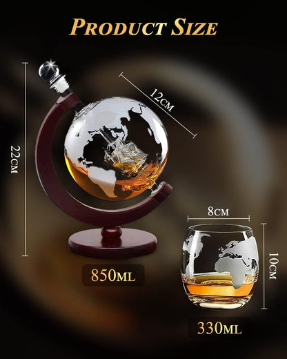Whiskey Decanter and Glass Set,Globe Decanter Whiskey Gift Sets for Men Husband Him Boyfriend Dad Women with 2 Glasses, 9 Ice Cubes, Tong & Funnel,For All Kinds of Alcohol Drinks