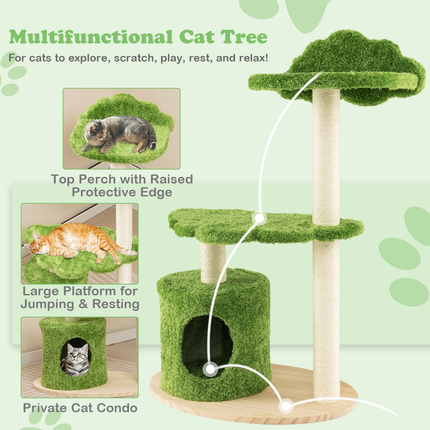 Deluxe 97 cm Cat Tree with Plush Green Cloud Platform and Fully Wrapped Sisal Scratching Posts