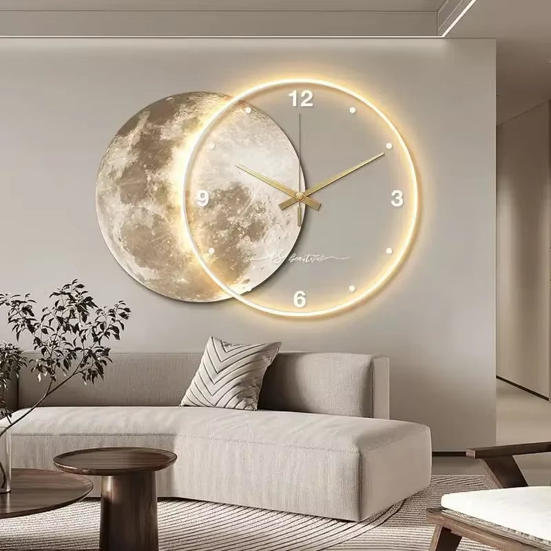 Large Wall Clock Luxury Dining Room Living Room Moon the Earth Modelling LED Light Silent Movement Bedroom Clock Wall Decoration