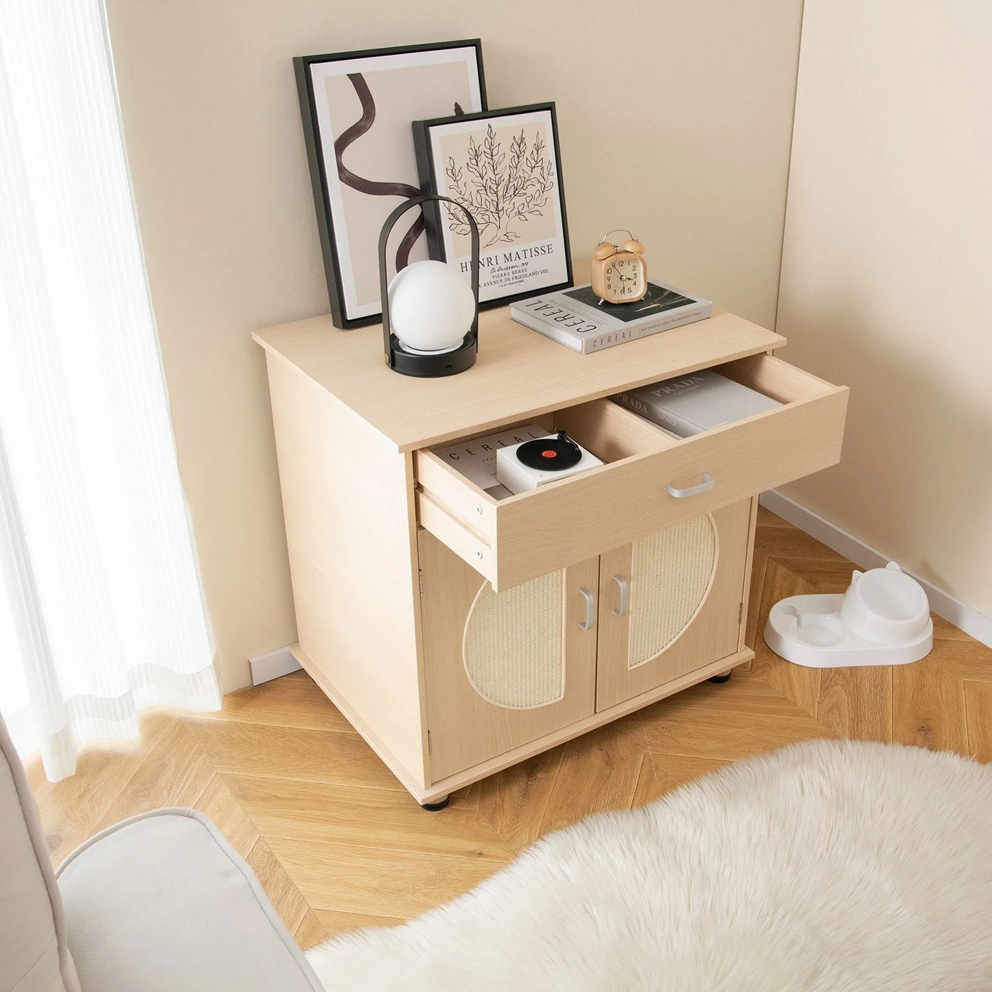 Cat Litter Box Enclosure with Sisal Scratching Doors and Integrated Storage Drawer